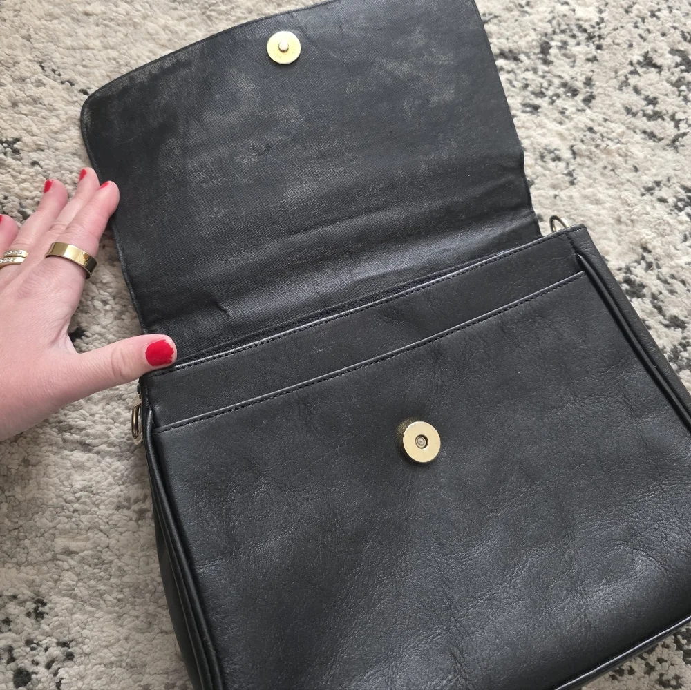 Vintage 90s Leather Flap Satchel Handbag Philippe Silvertone Classic City Chic